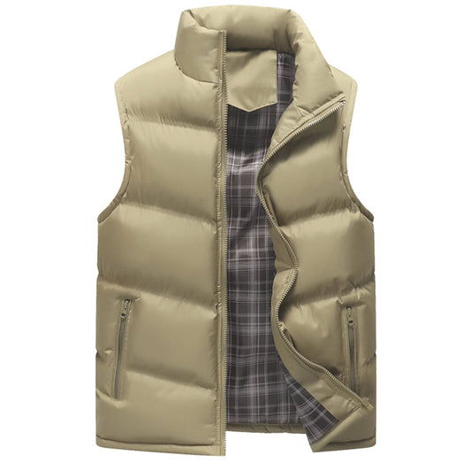 Khaki Winter Puffer Vest with Zipper for Men: light olive green, gray puffer vest, minimal casual style