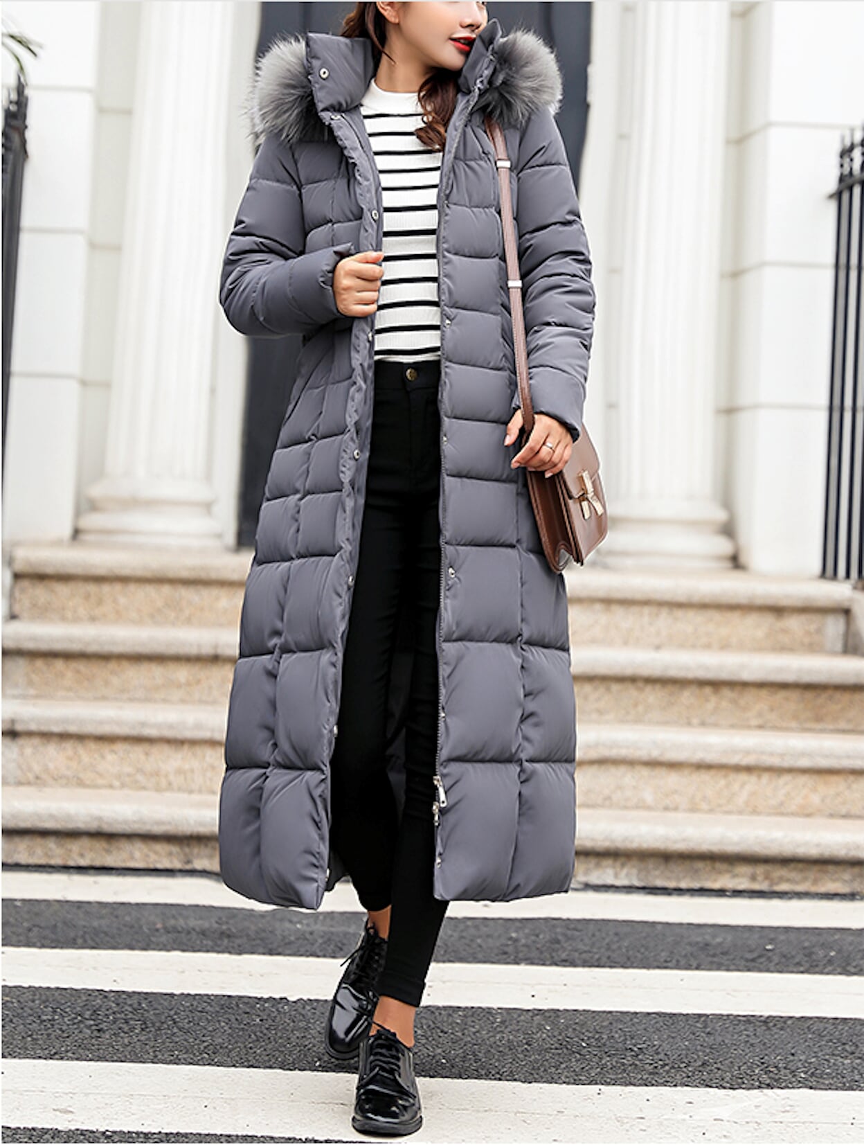 Long Coat for Women with Detachable Faux Fur Hood