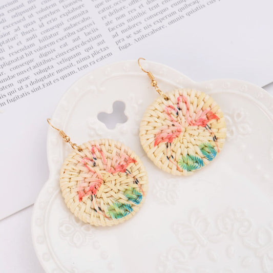 Rattan Flamingo Dangle Earrings: cream, beige floral theme, boho, handmade-looking floral style