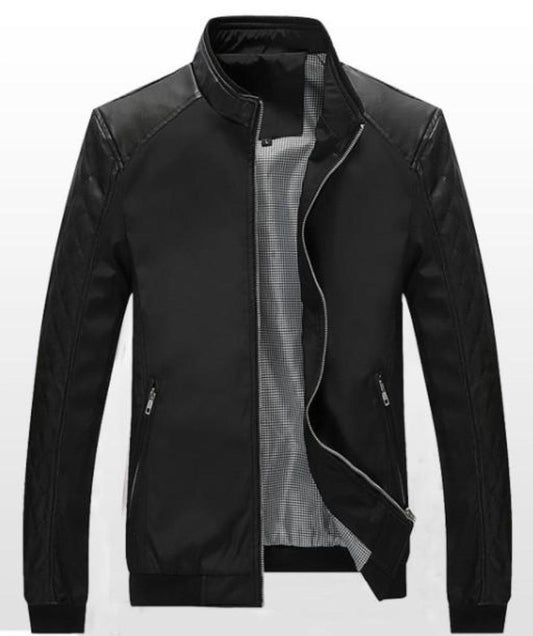 Stand Collar Bomber Motorcycle Jacket for Men: black, gray jacket, minimal modern style