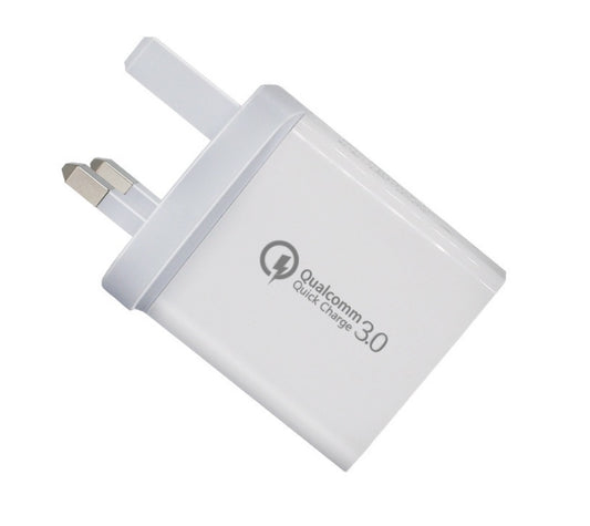 QC3.0 3-Port USB Fast Charger Adapter: white, gray wall charger/power adapter, minimal style