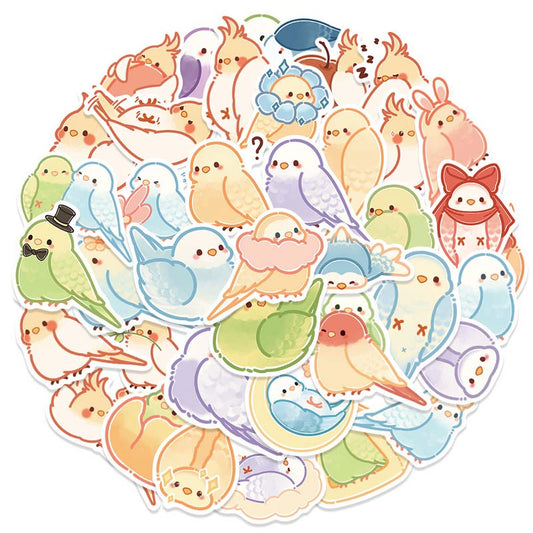 Cute Parrot Stickers, Customize Belongings: pastel blue, green cartoon birds/parakeets, kawaii cartoon style
