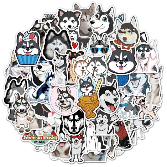 Cute Husky Dog Stickers for Customization: black, white Siberian husky dogs, cartoon, kawaii, mixed realistic illustration st