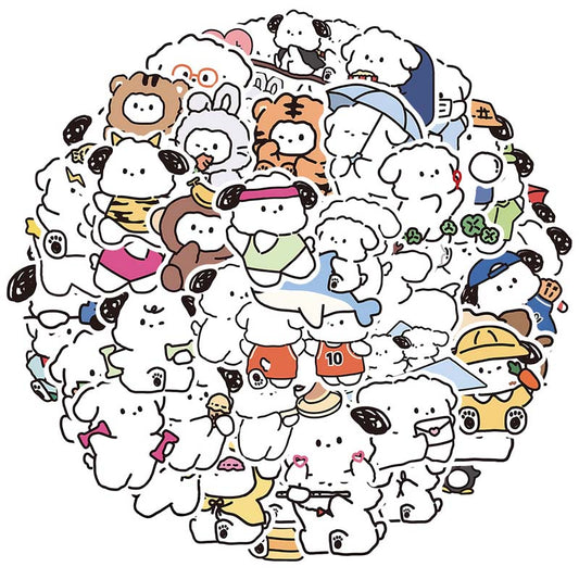 Cute White Puppy Stickers for Customization: white, black cluster of cartoon animal and character figures, mostly dog-like, c