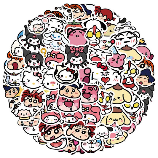 Cute Cartoon Decals: Express Your Personality: white, black dense collage of cartoon characters, including Hello Kitty, My Me