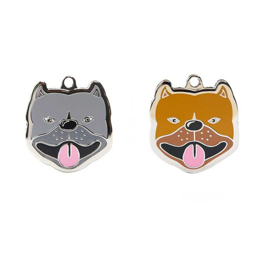 Personalized American Bully Dog ID Tags: gray, orange-brown dog faces, cartoon style
