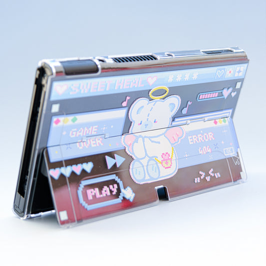Cute Bear Switch OLED Case: silver, gray cartoon elephant with halo, kawaii pixel-art cartoon style