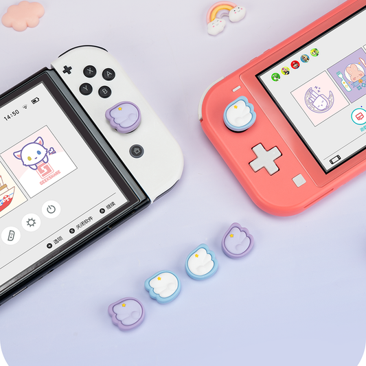 Switch Thumb Grips with Angel Wings: lavender, light blue cloud theme, cute cartoon pastel style
