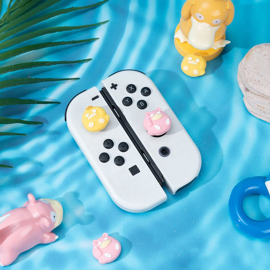Switch Anime Thumb Grips with Personality: yellow, pink cartoon animal characters, kawaii cartoon style