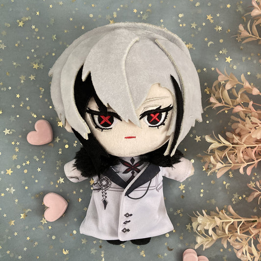 Fatui Harbingers Plush Dolls for Genshin Impact: light gray, black anime-style character, kawaii anime/cartoon style
