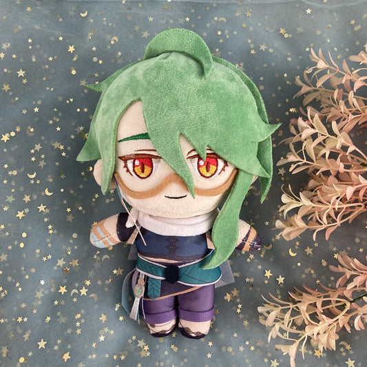 Genshin Impact Plush Dolls, Detailed and Cozy: green, cream anime-style character, kawaii anime/cartoon style