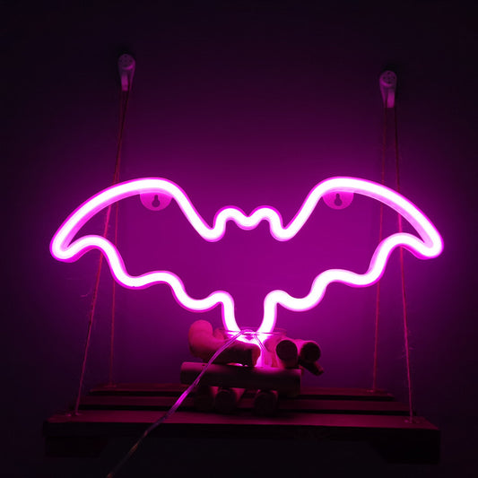 Bat Neon LED Sign: Nocturnal Elegance, Iconic Design: bright pink, purple bat, cartoon style