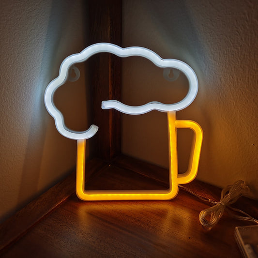 Beer Neon Sign - Iconic and Lively: white, warm yellow beer mug with foam, minimal cartoon style