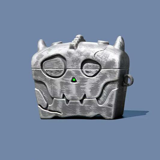 Bokoblin Chest AirPods Case for Zelda: silver-gray, black horned monster/creature character, cartoon, whimsical, distressed m