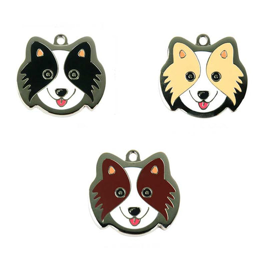 Border Collie Dog ID Tags with Engraving: black, white cartoon dog faces, cartoon kawaii style