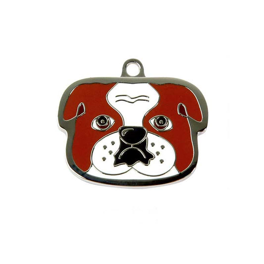 Customizable British Bulldog Dog ID Tag: red-brown, white bulldog dog face, cartoon style