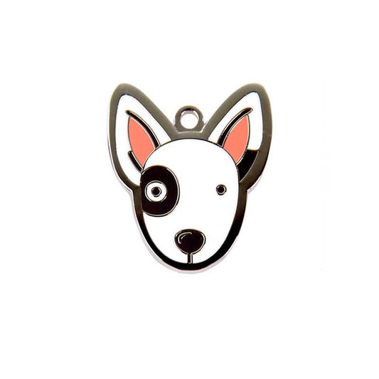 Bull Terrier Dog ID Tag with Engraving: white, black dog face, cartoon style
