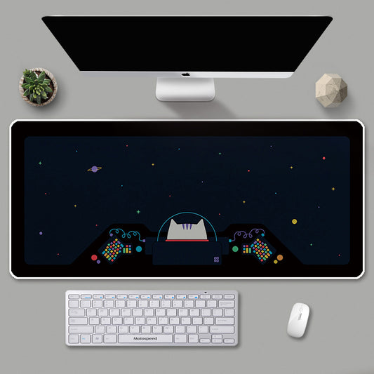 Cat Astronaut Large Gaming Mouse Pad: black, dark navy cat-themed space scene, cartoon style