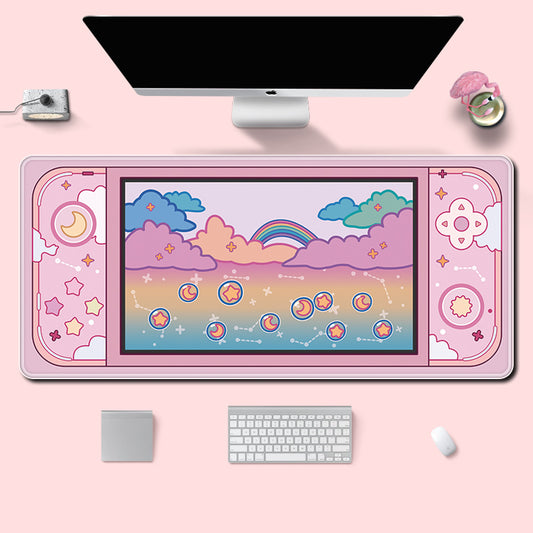 Cute Keyboard Mouse Mat for Gamers: pink, lavender pastel rainbow, clouds, moon and stars theme, kawaii cartoon style