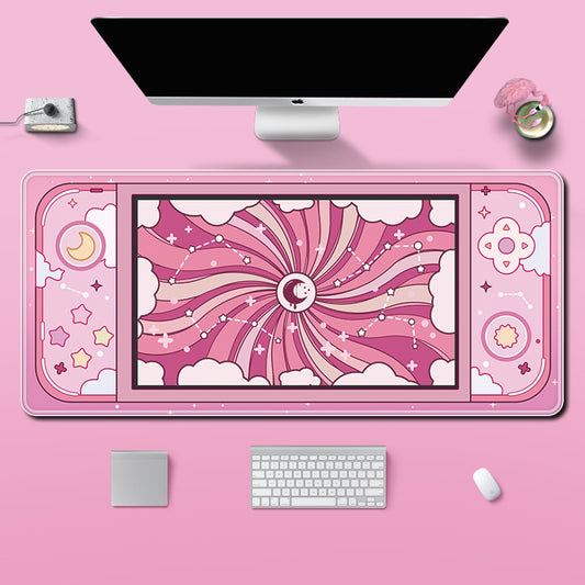 Sky Desk Mat: Durable and Stylish: pink, white moon, clouds, stars and celestial theme, cute cartoon kawaii celestial style