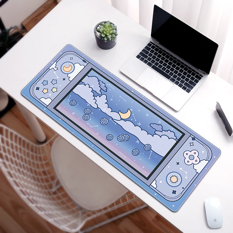 C33-13 Moon and Stars Large Desk Mat Kawaii Aesthetic Mouse Pad Cute Sky Art blue
