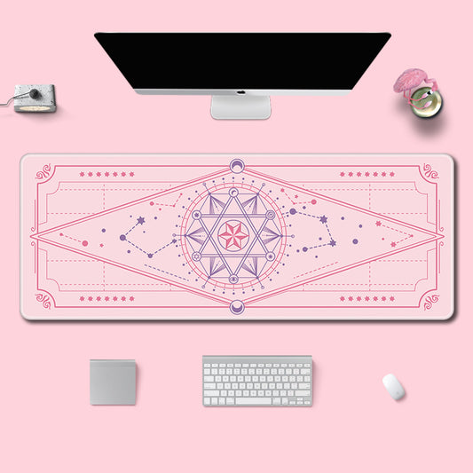 Stars Gaming Desk Mat, Durable, Vibrant: light pink, dark pink celestial/magical geometric theme, kawaii, celestial, fantasy