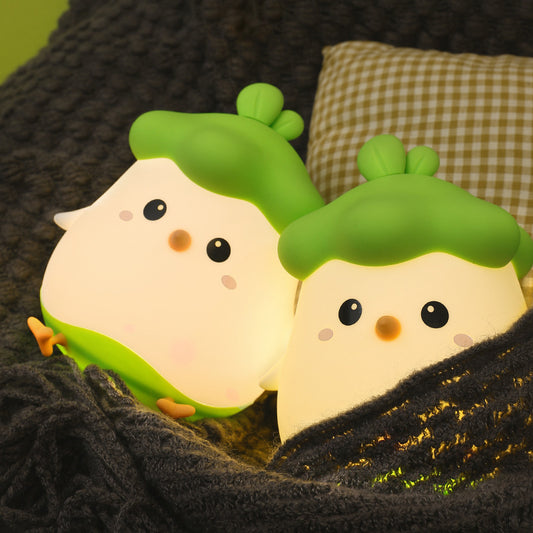 Rechargeable Chick Night Light with Timer: cream white, bright green cartoon vegetable-like characters, kawaii cartoon style