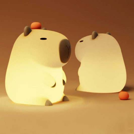 Rechargeable Capybara LED Night Light: cream, brown cartoon capybaras, minimal kawaii cartoon style