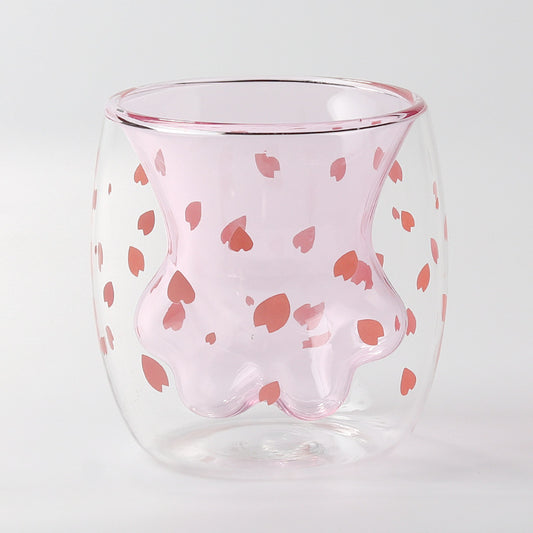 Cute Cat Paw Double Wall Glass Mug: transparent, light pink drinking glass, cute, minimalist style