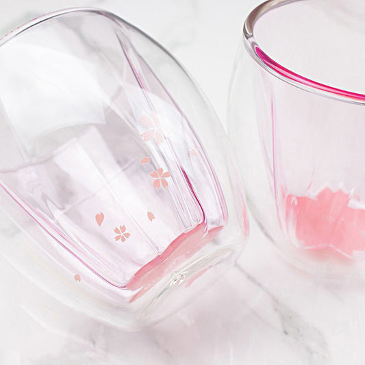 Cherry Blossom Double Wall Glass Cup: transparent, pale pink cherry blossom floral theme, minimal floral style