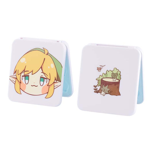 Chibi Link Game Card Case: pale pink, light blue cartoon elf-like character and small green creature, kawaii cartoon style