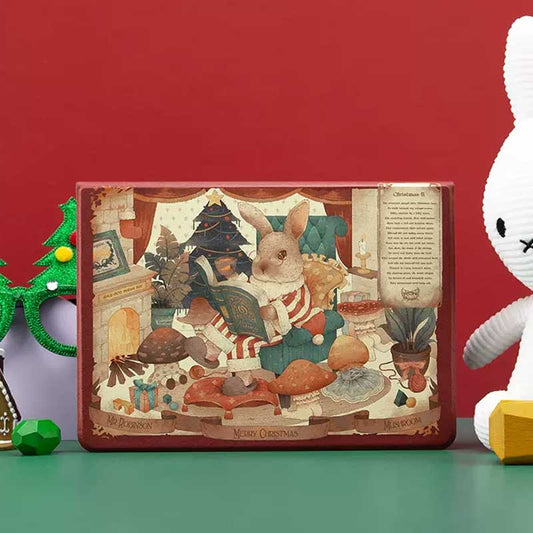 Retro Rabbit iPad Case with Pencil Holder: red, cream rabbit in a Christmas-themed scene, vintage storybook, Christmas-themed