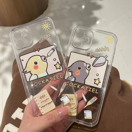 Cockatiel Bird Phone Case with Protection: transparent, brown cartoon cockatiel birds, cute cartoon kawaii style