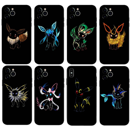 Cool Cute Phone Case with Pokemon: black, multicolor neon accents cartoon fox-like and cat-like characters, cartoon, neon lin
