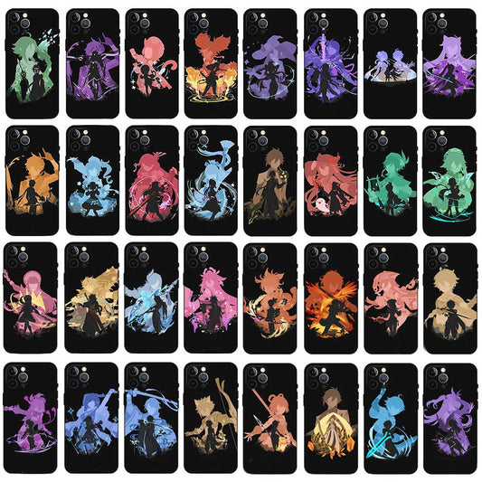Genshin Impact Phone Case Collection: black, purple anime-style fantasy characters, anime, cartoon, high-contrast graphic sty