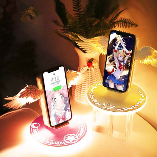 Cupid Angel Wings Wireless Charger with Safe Fast Charging: warm white, gold anime magical-girl characters and wing motif, ka