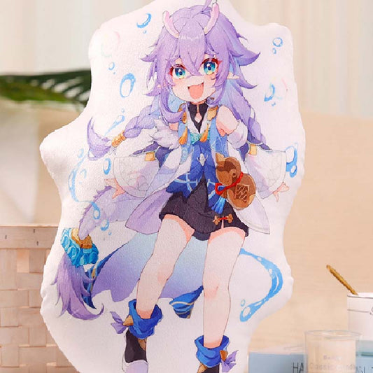 Cute Honkai Star Rail Cushions: white, purple anime-style female character with purple hair and horn-like accessories, kawaii