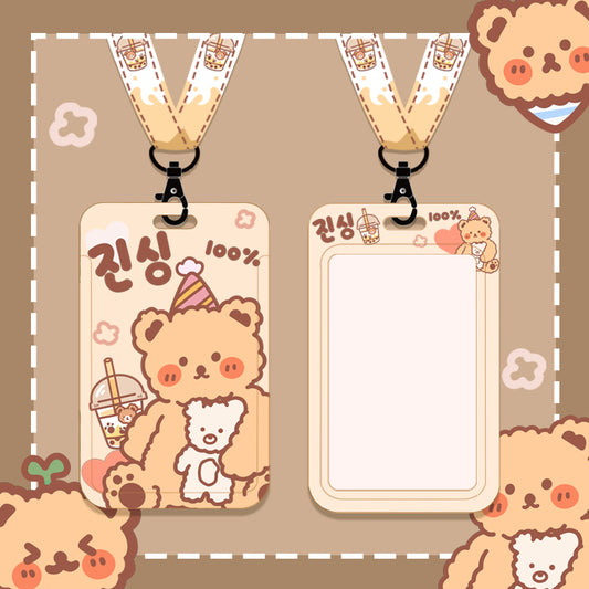 Cute Bear Design Card Holder with Lanyard: beige, cream cartoon bear character, kawaii cartoon style