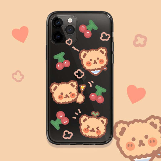 Transparent Cute Bear Phone Case - Protection: black, brown cartoon bear and cherries, kawaii cartoon style