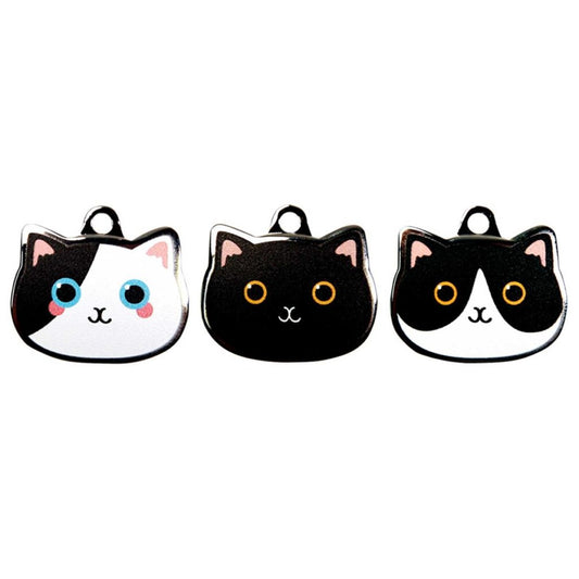 Cute Black Cat ID Tag with Engraving: black, white cats, kawaii cartoon style