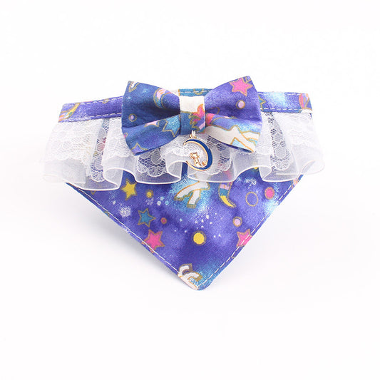 Cute Cat Bandana Collar with Charm: purple, blue space theme, cute cartoon style