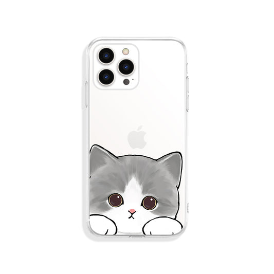 Cute Cat iPhone Case with Protection: transparent, gray cat, kawaii cartoon style