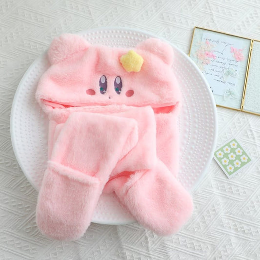 Cute Kirby Pillow and Scarf Set: pastel pink, yellow pink cartoon character with a yellow star on its head, kawaii cartoon st