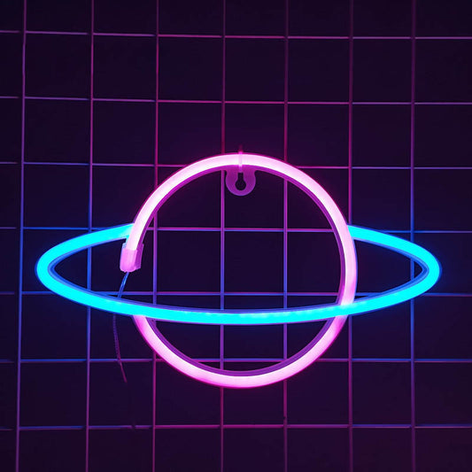 Planet Neon Sign: Celestial Wall Decor: pink, blue neon-style wall light, minimal futuristic neon style