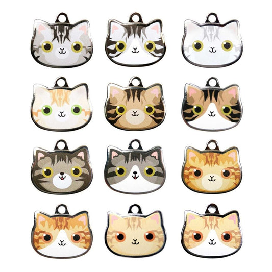 Tabby Cat ID Tags with Engraving: white, gray cats, kawaii cartoon style