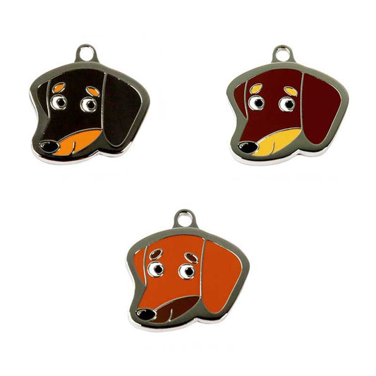 Dachshund Dog ID Tags with Engraving: black, dark brown dog, cartoon style