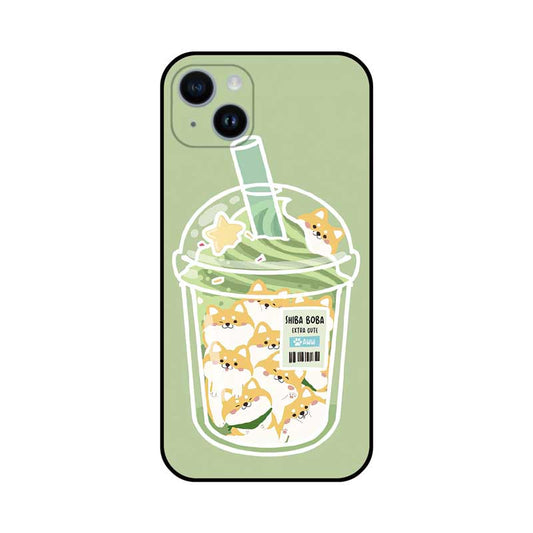 Boba Animal Phone Cases with Customizable Cutouts: light green, white Shiba Inu dogs in a drink cup illustration, kawaii cart