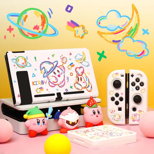 Kawaii Kirby Switch OLED Case with Doodle Design: white, pink Kirby character theme, cute cartoon kawaii style