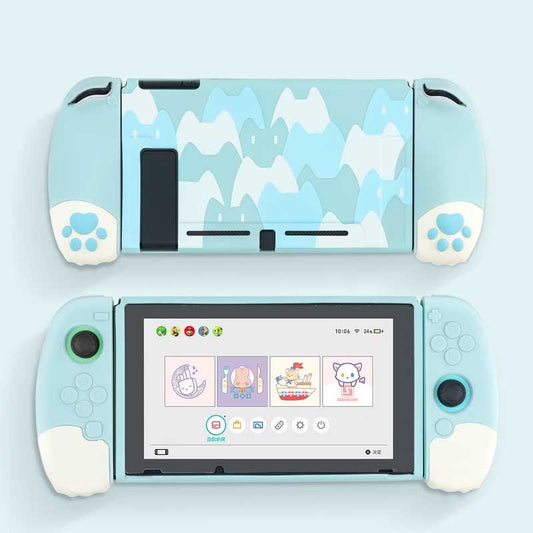 Ergonomic Cat Switch Case: Complete Protection: light blue, white pastel mountain landscape and cute character theme, kawaii