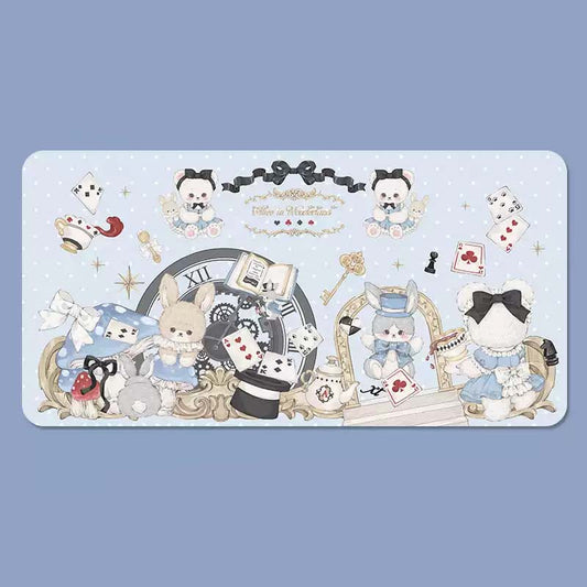 Fairy Tale Desk Mats, Enchanting Workspace: pale blue, white Alice in Wonderland-inspired tea party scene with rabbit charact